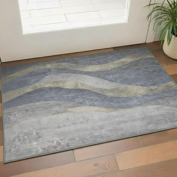 HomeRoots 5' X 8' Denim Blue and Gray Abstract Area Rug - Washable, UV-Protected, Stylish & Durable Design 707133