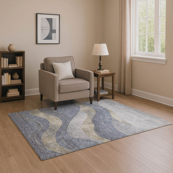 HomeRoots 5' X 8' Denim Blue and Gray Abstract Area Rug - Washable, UV-Protected, Stylish & Durable Design 707133