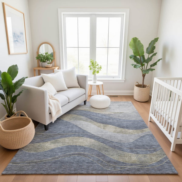 HomeRoots 5' X 8' Denim Blue and Gray Abstract Area Rug - Washable, UV-Protected, Stylish & Durable Design 707133