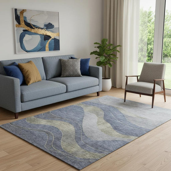 HomeRoots 8' Stylish Denim Blue & Gray Abstract Washable Round Rug with UV Protection for Daily Living Spaces 707134