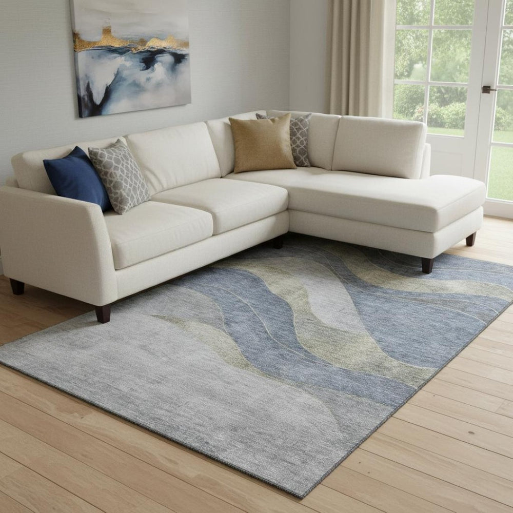 HomeRoots 9' X 12' Denim Blue & Gray Abstract Washable Area Rug – UV Protected, Stain Resistant, Durable Design 707136