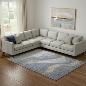 HomeRoots 10' X 14' Denim Blue & Gray Abstract Washable Area Rug - UV Protected, Durable & Stylish Design 707137