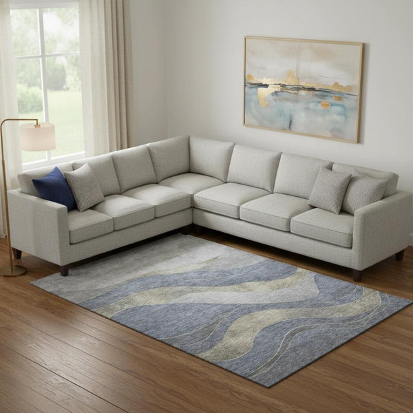 HomeRoots 10' X 14' Denim Blue & Gray Abstract Washable Area Rug - UV Protected, Durable & Stylish Design 707137