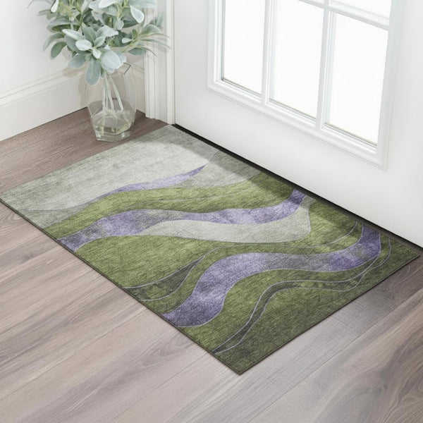HomeRoots 5' X 8' Olive Green & Purple Abstract Washable Area Rug - Stylish, Durable, UV Protected Design! 707139