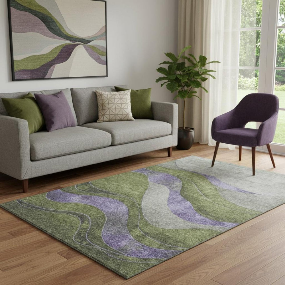 HomeRoots 8' Abstract Olive Green & Purple Washable Round Rug with UV Protection for Stylish Living Spaces 707140