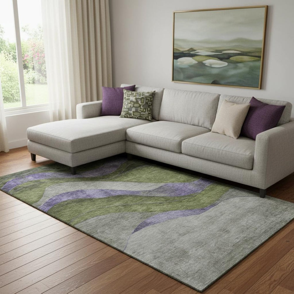 HomeRoots 9' X 12' Olive Green & Purple Abstract Washable Area Rug - UV Protected, Stain Resistant, Durable Design! 707142