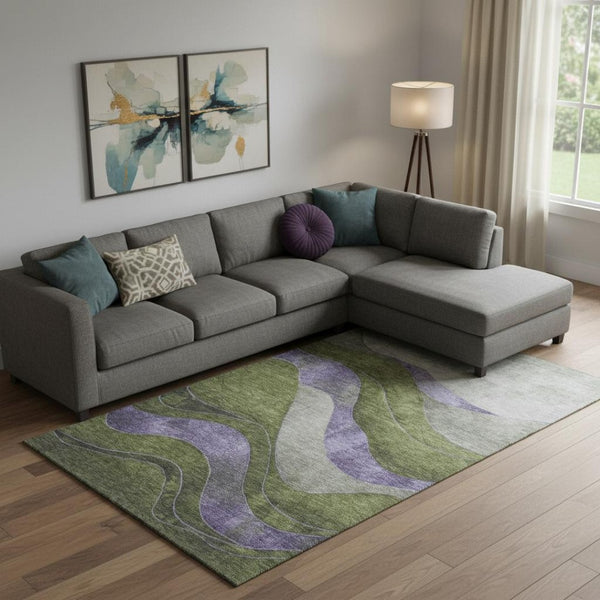 HomeRoots 10' Olive Green & Purple Abstract Washable Area Rug - Durable, UV-Protected, Perfect for High-Traffic Homes 707143