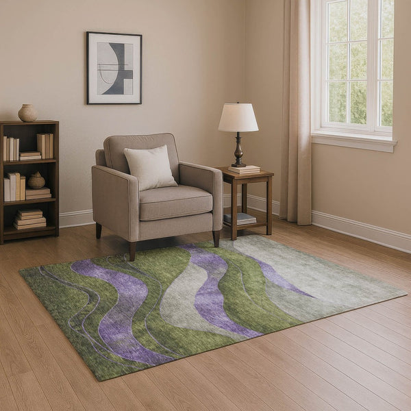 HomeRoots 10' Olive Green & Purple Abstract Washable Area Rug - Durable, UV-Protected, Perfect for High-Traffic Homes 707143