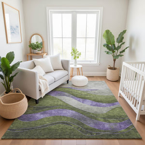 HomeRoots 10' Olive Green & Purple Abstract Washable Area Rug - Durable, UV-Protected, Perfect for High-Traffic Homes 707143