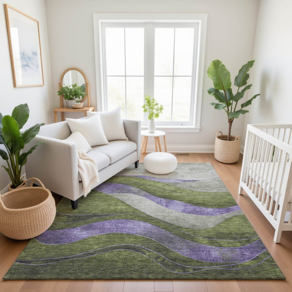 HomeRoots 10' Olive Green & Purple Abstract Washable Area Rug - Durable, UV-Protected, Perfect for High-Traffic Homes 707143