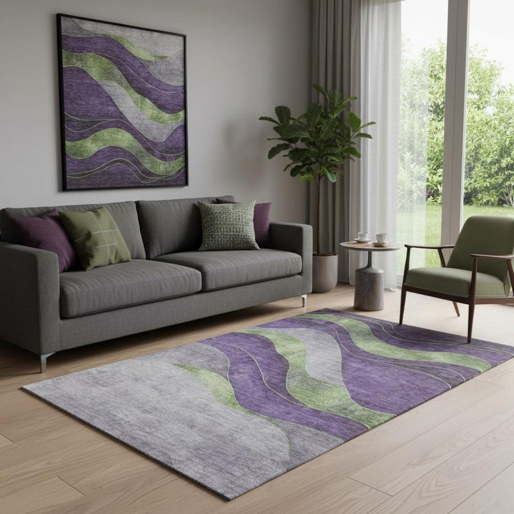 HomeRoots 8' Abstract Washable Round Rug in Purple & Green - Stylish, Durable, UV Protected for High-Traffic Areas 707146