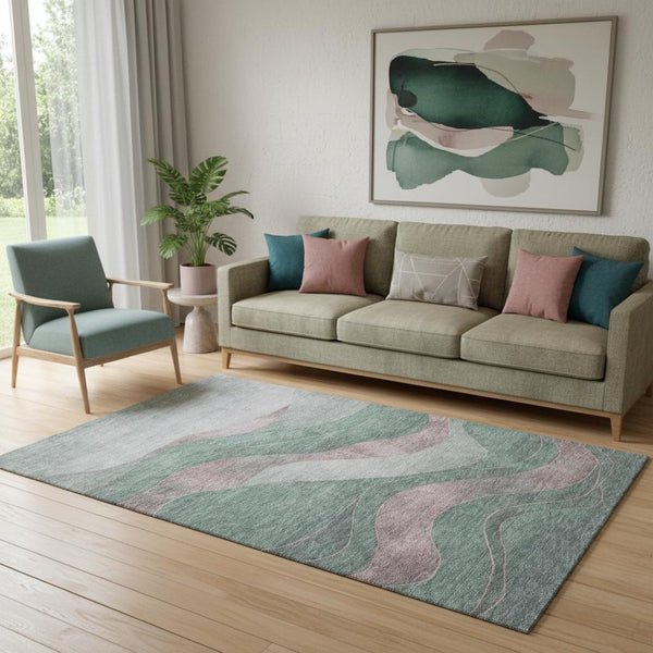 HomeRoots 8' Abstract Sage and Mauve Washable Round Rug - Stylish, Durable, UV-Protected for Family Homes 707152