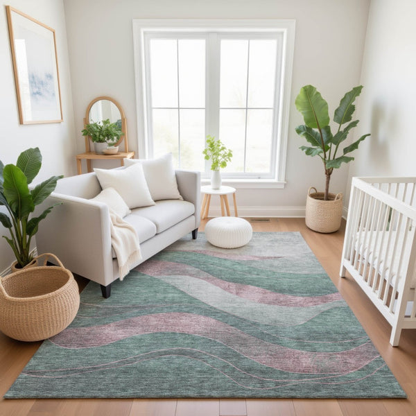 HomeRoots 8' Abstract Sage and Mauve Washable Round Rug - Stylish, Durable, UV-Protected for Family Homes 707152