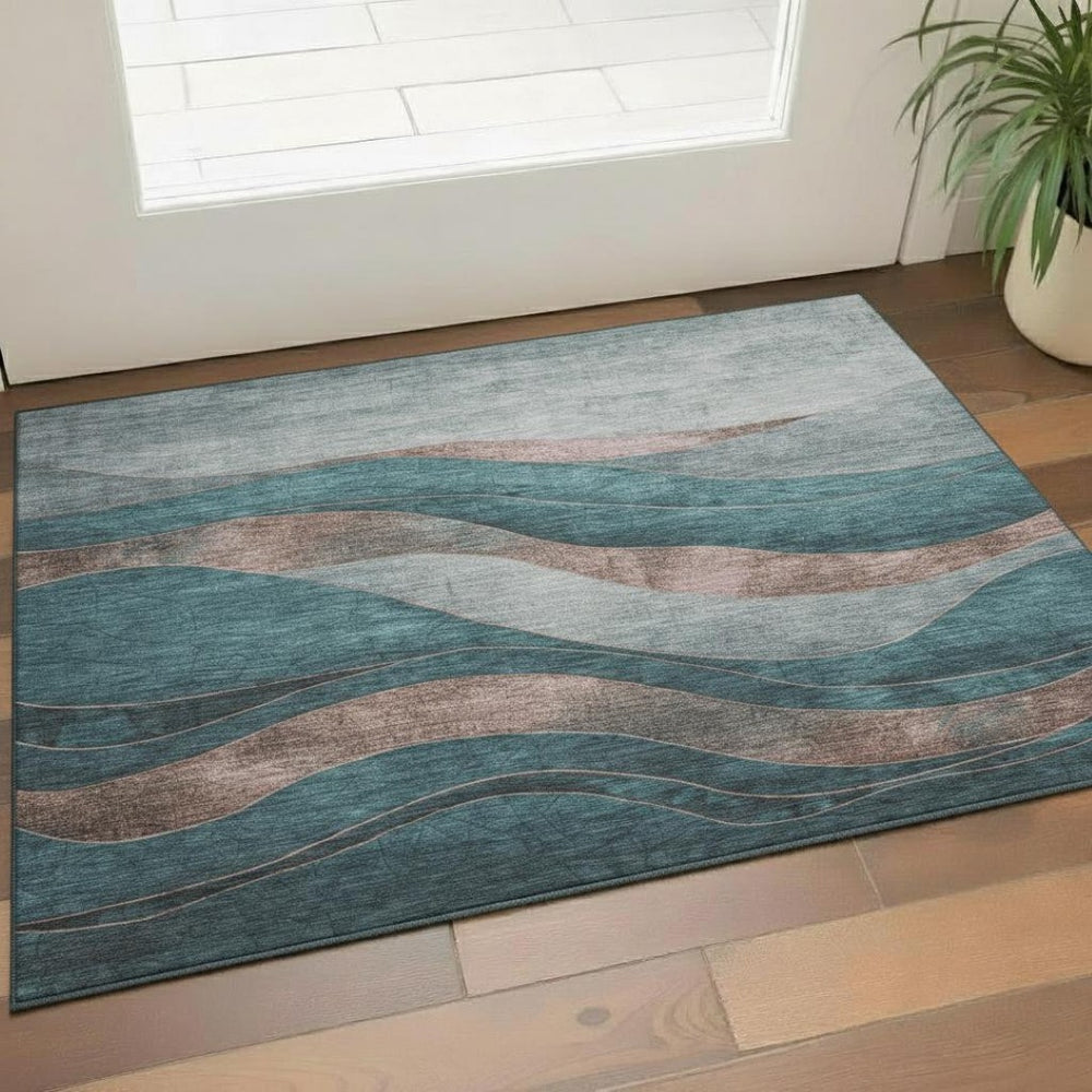 HomeRoots 5' X 8' Modern Teal and Taupe Abstract Area Rug - Washable, UV-Protected & Stain-Resistant Design 707157
