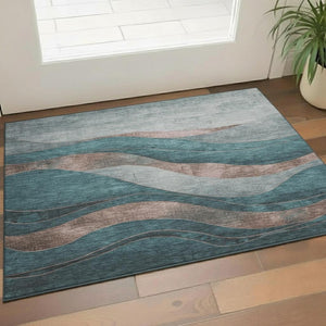 HomeRoots 5' X 8' Modern Teal and Taupe Abstract Area Rug - Washable, UV-Protected & Stain-Resistant Design 707157