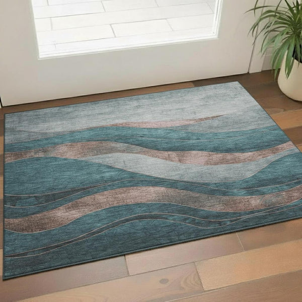 HomeRoots 5' X 8' Modern Teal and Taupe Abstract Area Rug - Washable, UV-Protected & Stain-Resistant Design 707157