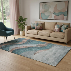 HomeRoots 8' Teal And Taupe Abstract Washable Round Rug - Stylish, Durable, UV-Protected for Indoor & Outdoor Use 707158