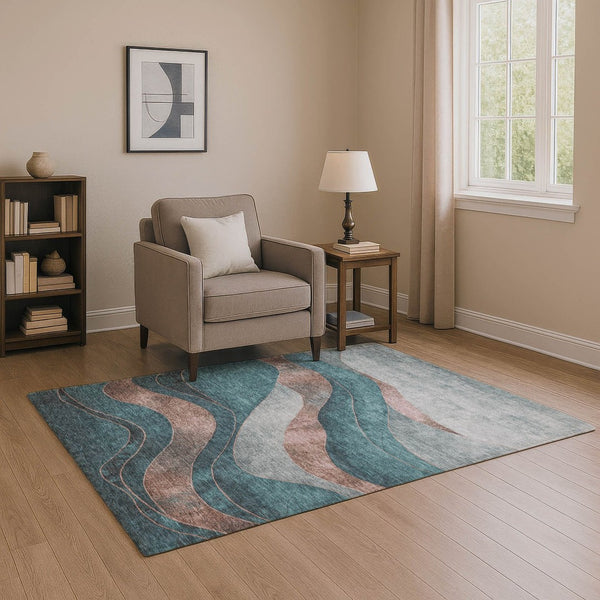 HomeRoots 8' Teal And Taupe Abstract Washable Round Rug - Stylish, Durable, UV-Protected for Indoor & Outdoor Use 707158