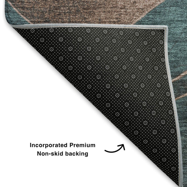 HomeRoots 8' Teal And Taupe Abstract Washable Round Rug - Stylish, Durable, UV-Protected for Indoor & Outdoor Use 707158