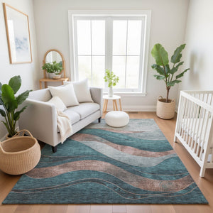 HomeRoots 8' Teal And Taupe Abstract Washable Round Rug - Stylish, Durable, UV-Protected for Indoor & Outdoor Use 707158
