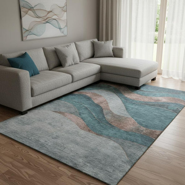 HomeRoots 9' X 12' Teal And Taupe Abstract Washable Area Rug - Durable, UV-Protected, Modern Design for Homes 707160