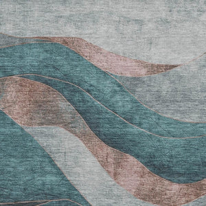 HomeRoots 9' X 12' Teal And Taupe Abstract Washable Area Rug - Durable, UV-Protected, Modern Design for Homes 707160