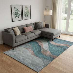 HomeRoots 10' X 14' Teal And Taupe Abstract Area Rug - Washable, UV-Protected, Perfect for Busy Homes! 707161