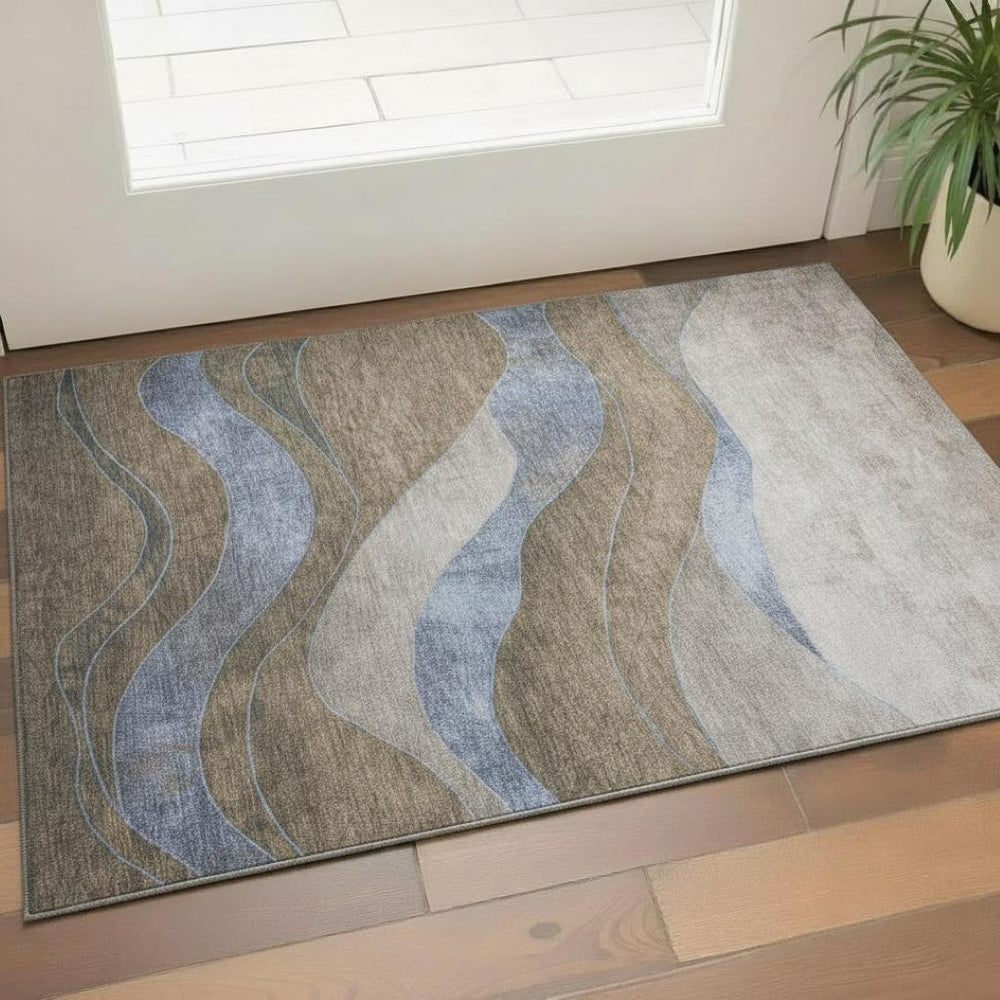 HomeRoots 5' X 8' Taupe & Blue Abstract Washable Area Rug – Durable, UV-Protected, Perfect for Homes with Kids & Pets 707163