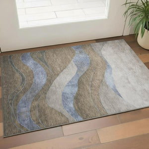 HomeRoots 5' X 8' Taupe & Blue Abstract Washable Area Rug – Durable, UV-Protected, Perfect for Homes with Kids & Pets 707163