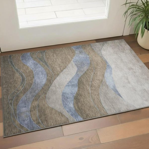 HomeRoots 5' X 8' Taupe & Blue Abstract Washable Area Rug – Durable, UV-Protected, Perfect for Homes with Kids & Pets 707163