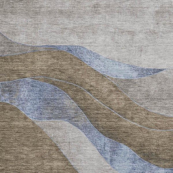 HomeRoots 5' X 8' Taupe & Blue Abstract Washable Area Rug – Durable, UV-Protected, Perfect for Homes with Kids & Pets 707163