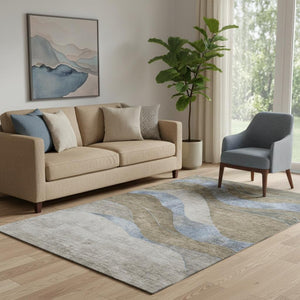 HomeRoots 8' Contemporary Taupe and Blue Abstract Washable Round Rug with UV Protection for Active Homes 707164