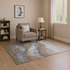 HomeRoots 8' Contemporary Taupe and Blue Abstract Washable Round Rug with UV Protection for Active Homes 707164
