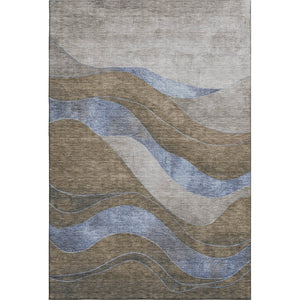 HomeRoots 8' Contemporary Taupe and Blue Abstract Washable Round Rug with UV Protection for Active Homes 707164