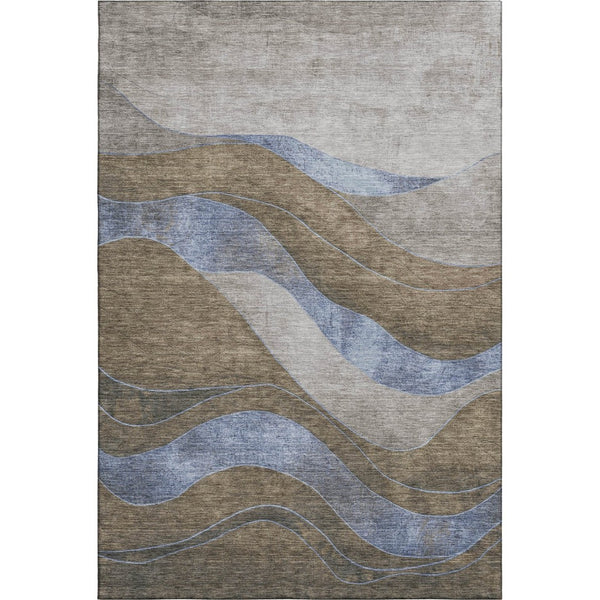 HomeRoots 8' Contemporary Taupe and Blue Abstract Washable Round Rug with UV Protection for Active Homes 707164
