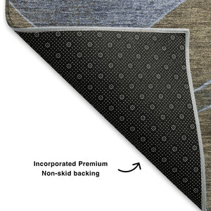 HomeRoots 8' Contemporary Taupe and Blue Abstract Washable Round Rug with UV Protection for Active Homes 707164