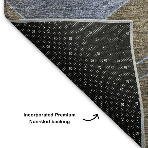 HomeRoots 8' Contemporary Taupe and Blue Abstract Washable Round Rug with UV Protection for Active Homes 707164
