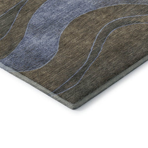 HomeRoots 8' Contemporary Taupe and Blue Abstract Washable Round Rug with UV Protection for Active Homes 707164
