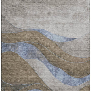 HomeRoots 8' Contemporary Taupe and Blue Abstract Washable Round Rug with UV Protection for Active Homes 707164