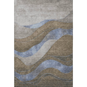 HomeRoots 8' Contemporary Taupe and Blue Abstract Washable Round Rug with UV Protection for Active Homes 707164