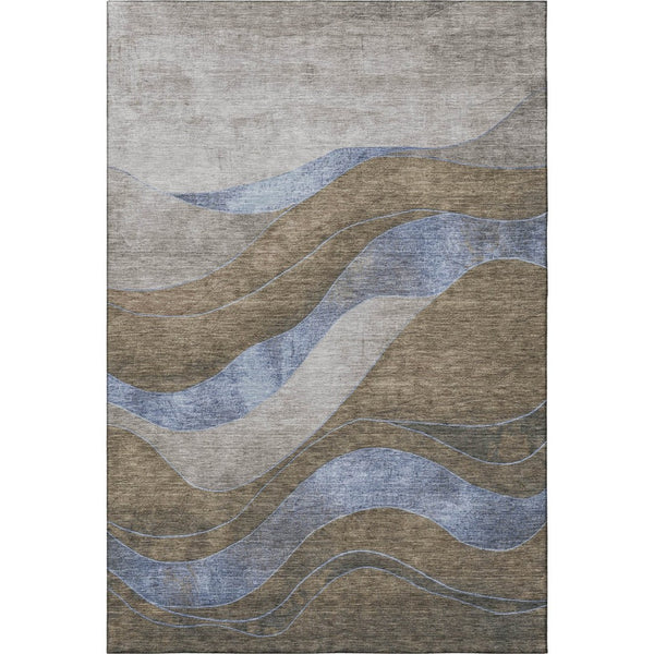 HomeRoots 8' Contemporary Taupe and Blue Abstract Washable Round Rug with UV Protection for Active Homes 707164
