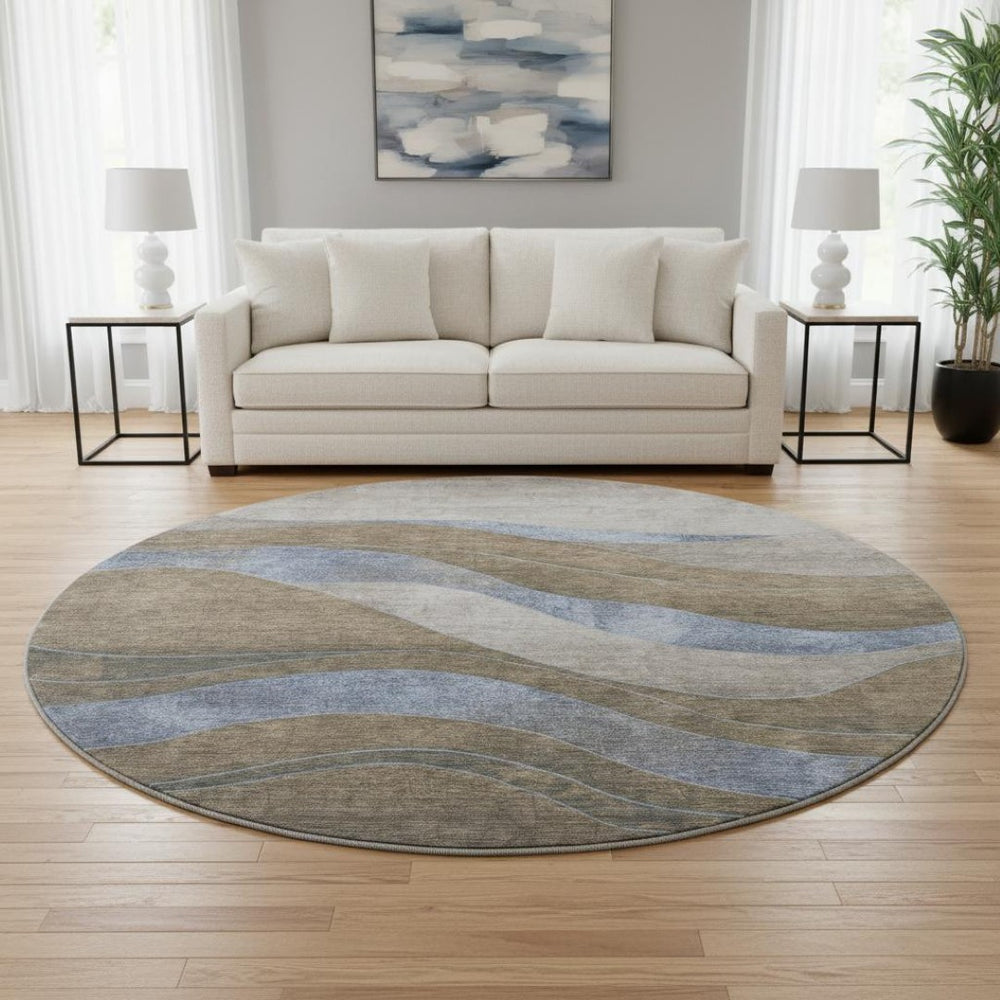 HomeRoots 8' X 10' Modern Abstract Area Rug in Taupe and Blue - Washable, UV-Protected & Stain-Resistant! 707165