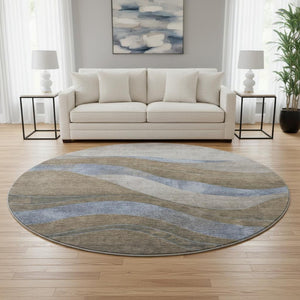 HomeRoots 8' X 10' Modern Abstract Area Rug in Taupe and Blue - Washable, UV-Protected & Stain-Resistant! 707165