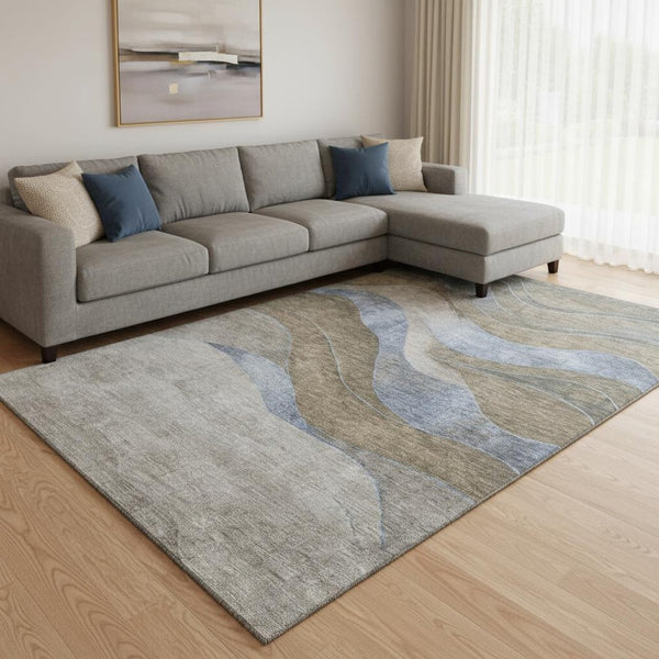 HomeRoots 9' X 12' Contemporary Taupe and Blue Abstract Washable Area Rug with UV Protection & Stain Resistance 707166