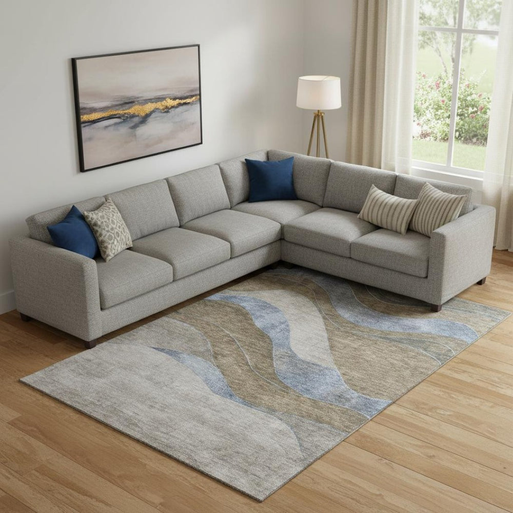 HomeRoots 10' X 14' Modern Taupe and Blue Abstract Area Rug – Washable, UV-Protected, Stain-Resistant Design! 707167