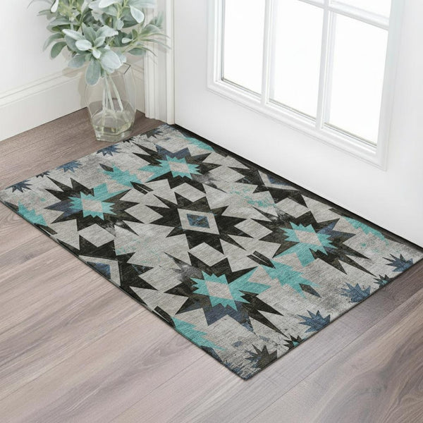 HomeRoots 5' X 8' Diamond Pattern Washable Area Rug in Black, Gray, and Blue - UV Protected & Durable Choice 707169