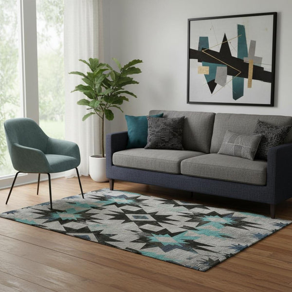 HomeRoots 8' Stylish Black Gray and Blue Diamond Washable Round Rug – Durable, UV Protected for Modern Homes 707170