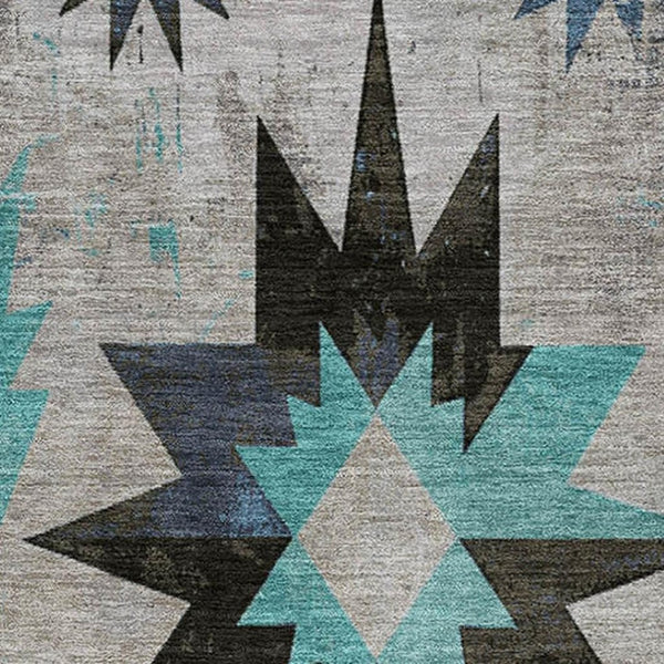 HomeRoots 8' Stylish Black Gray and Blue Diamond Washable Round Rug – Durable, UV Protected for Modern Homes 707170