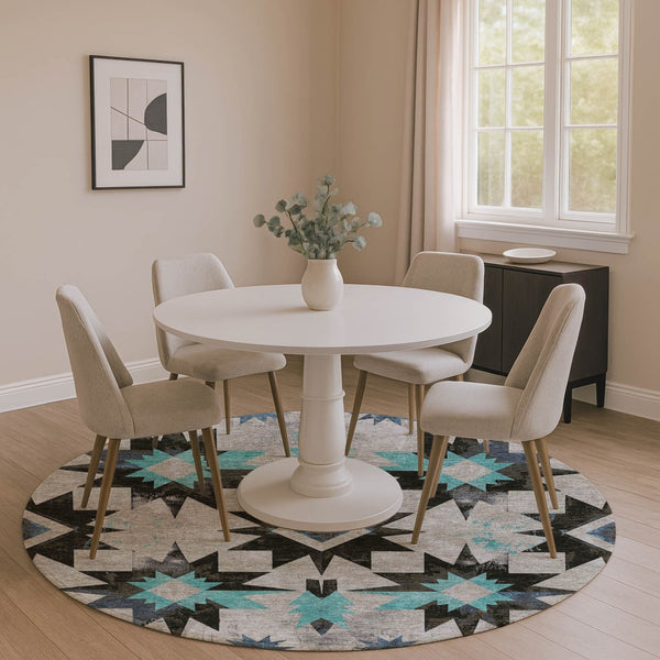 HomeRoots 8' X 10' Durable Black Gray Blue Diamond Area Rug - Washable, UV-Protected, Pet-Friendly Design 707171