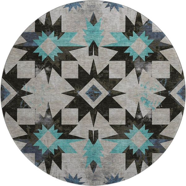 HomeRoots 8' X 10' Durable Black Gray Blue Diamond Area Rug - Washable, UV-Protected, Pet-Friendly Design 707171